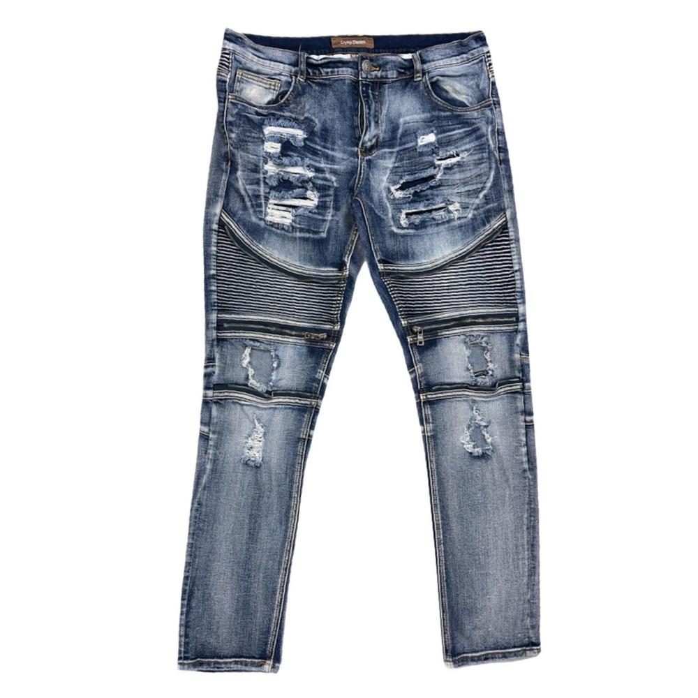 Crysp Denim Mens Mid-Rise Distressed Moto Biker Skinny Stretch‎ Jeans 36x32